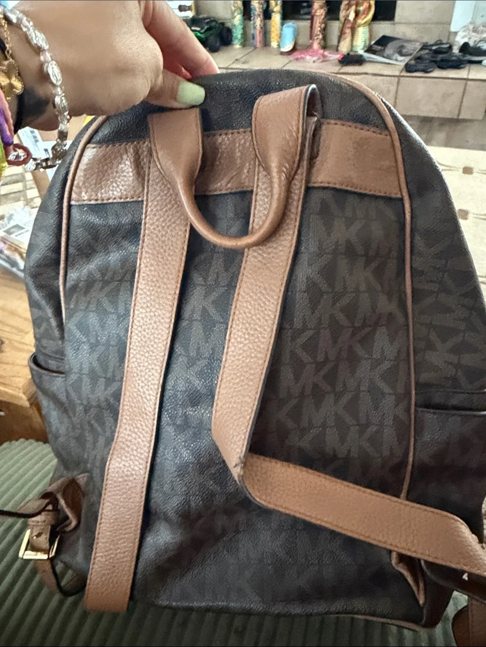 Michael Kors Dark Brown MK Logo Backpack with Tan Trim